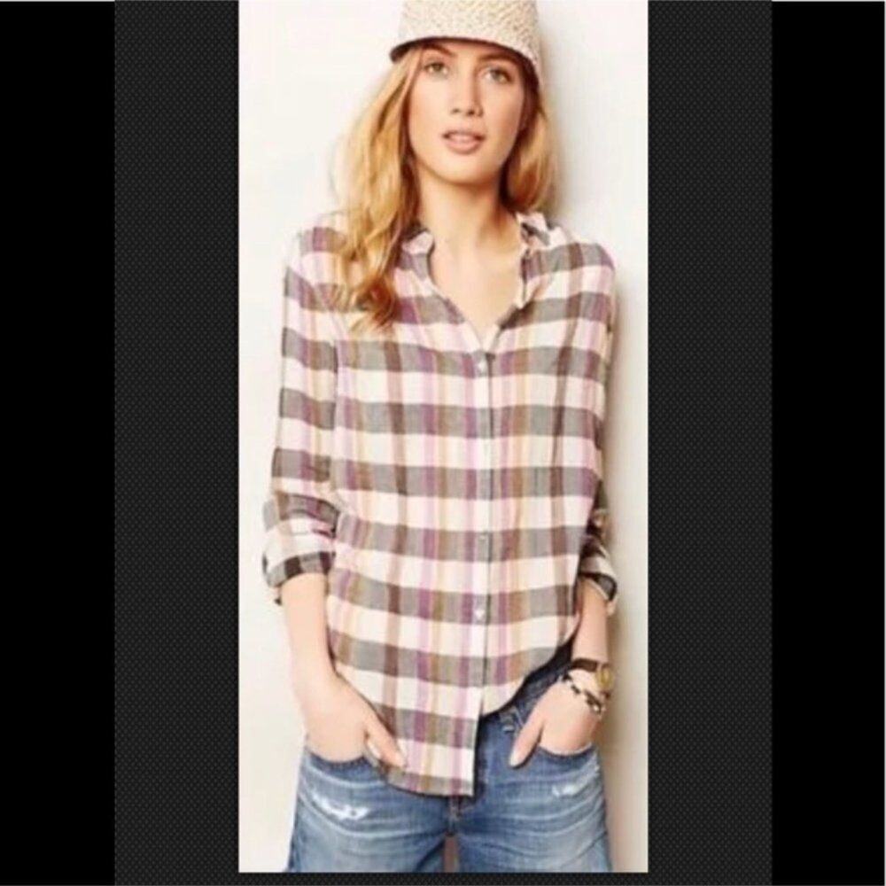 Anthropologie Isabella Sinclair Shirt L Plaid Cotton Lace Back Roll Tab Blouse